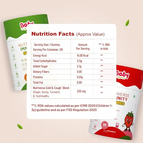 Image of BabyOrgano Nutriverse Immunity Gummies for Kids (2-15 Years) | 4+ Ayurveda-Inspired Herbs | Boosts Stamina, Energy & Vitality | Gelatin-Free, Gluten-Free, Soy-Free | Strawberry Flavor | 30 Gummies