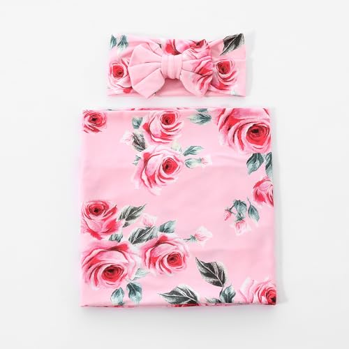 Image of Galabloomer Receiving Blanket Headband Set Flower Print Baby Swaddle Receiving Blankets