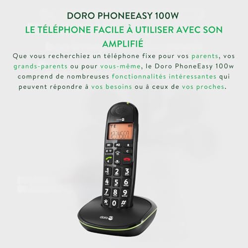 Doro PhoneEasy 100w Téléphone sans Fil DECT pour Seniors avec Grandes Touches et Son Amplifié (Noir X 1) [Version Française]