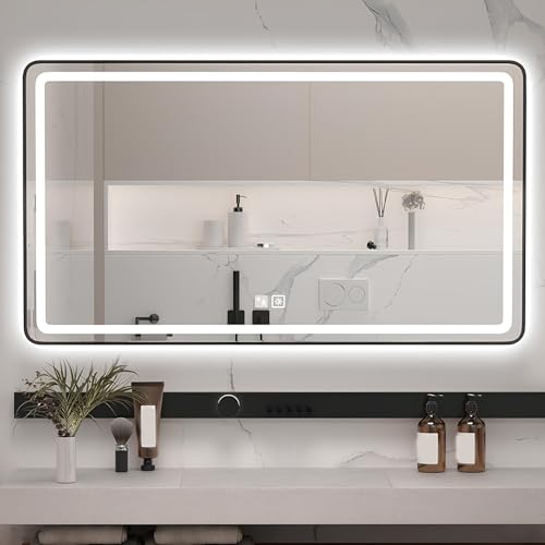 Espejo de baño LED con marco de metal negro, sofisticación frontal y retroiluminada 2