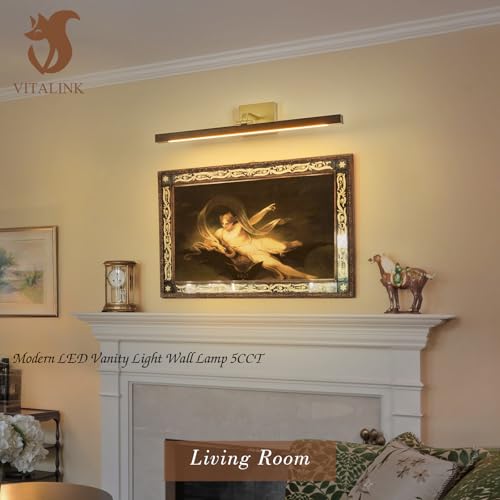 Image of Wood Picture Lights for Wall, Gold Hardwired 27.5 inch Long LED Wall Picture Vintage Artwork Paintings Display Lighting Wall Lamp Bathroom Vanity Light Dimmable 5CCT