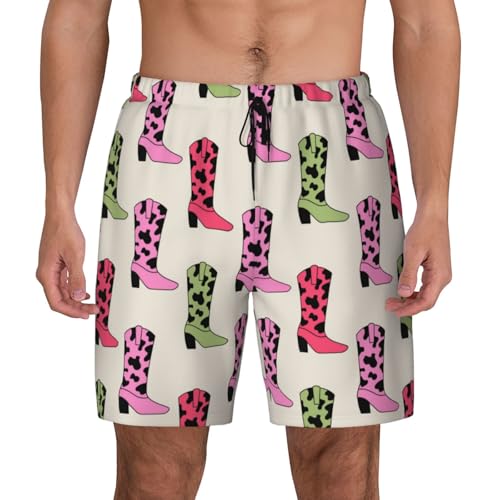 Retro Cowboy Boots Cow Print Funny Men's Swim Trunks Board Shorts Quick Dry-