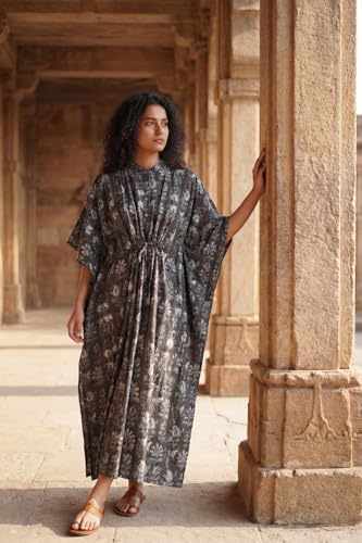 Image of Cotton Kaftan Dresses for Women | Hand Printed Cotton Kaftan Nighty for Women | Length- 52 Inches