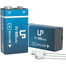 LP 9V Rechargeable Battery Pack, 2-Pack 800mAh Li-ion 9 Volt USB Battery with Micro USB Charging Port for Alarms, Smoke Detectors, Flashlights, Guitar, Keyboard & More