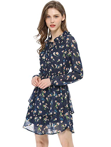 Allegra K Women's Floral Smocked Waist Tie Neck Layered Chiffon Mini Dress M Dark Blue