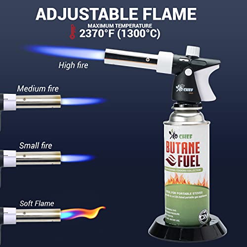 Jo Chef Pro Butane Torch Lighter - Refillable Butane Torch Head, Small Butane Torch With Safety Lock & Adjustable Flame - Culinary Blow Torch, Creme Brulee Torch, Baking, Included 4 Butane Canisters #TOP5