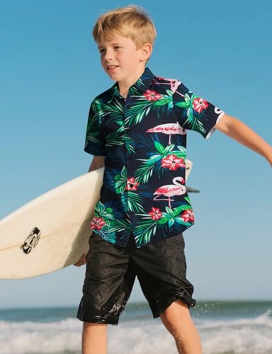 Yoimira Hawaiian Shirts for Boys, Button Down Short Sleeve Tropical Print, Kids Summer Beachwear Tops 7-14 Years2