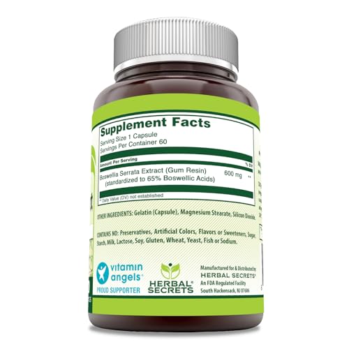 Herbal Secrets Boswellia Serrata Extract Supplement | 65% Boswellic Acids | 600 Mg Per Serving | 60 Capsules | Non-GMO | Gluten-Free | Made in USA