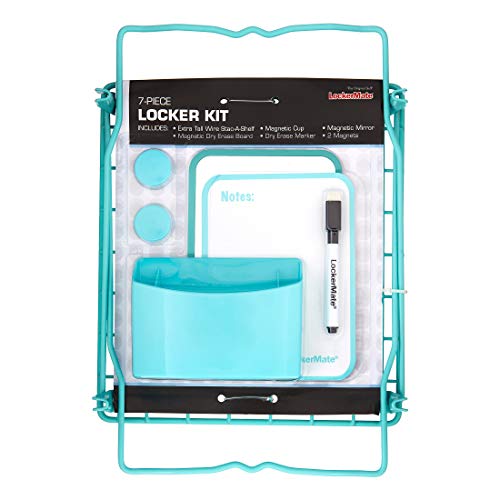 LockerMate 7-Piece Locker Kit, Wire Stac-A-Shelf, Dry Erase Board & Marker, Magnetic Cup, Magnetic Mirror, 2 Magnets School Supplies (Teal)