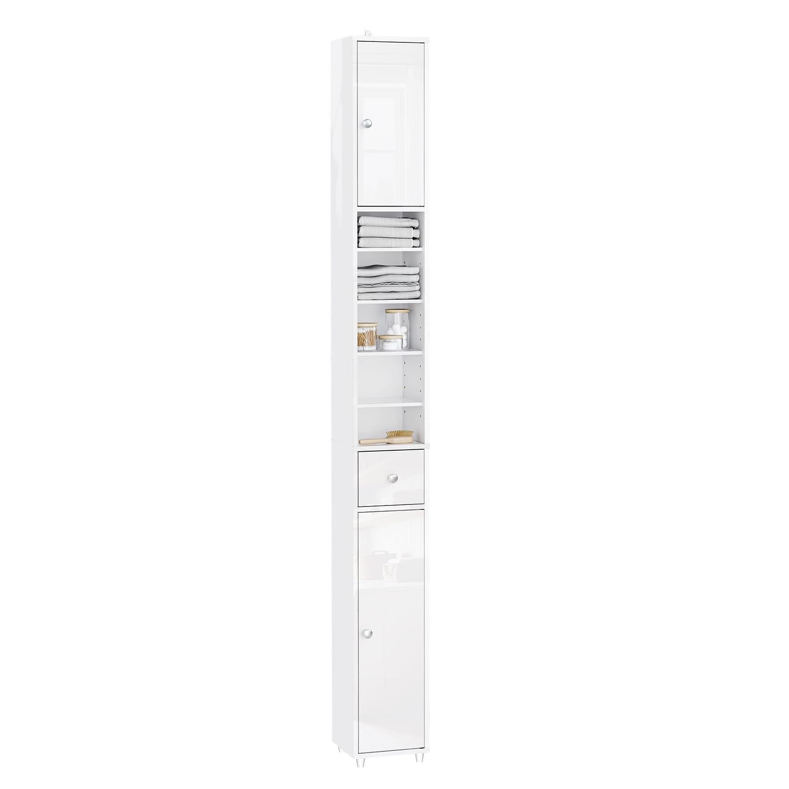 SoBuy Bianco Lucido Mobile Bagno Salvaspazio Colonna Stretta 20x20x180cm | Mobiletto Stretto con Cassetto e Ripiano Regolabile Armadietto Alto BZR167-GW