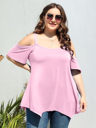 Image of LARACE Cold Shoulder Tops for Womens Summer Clothes Spaghetti Strape Tunic Oversized Shirts Asymmetrical Plus Size Blouse