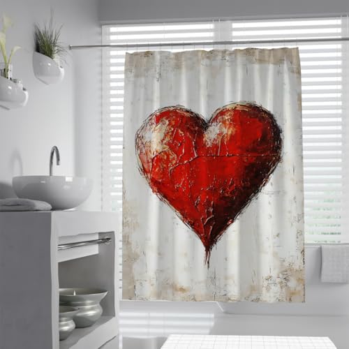Rideau de douche abstrait coeur rouge en polyester imperméable 90x180cm avec crochets