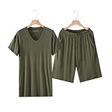 Bystar Herren Modal Pyjama Set Sommer Kurzarm Tops Shorts PJS Nachtwäsche Lounge Wear Gr. XXXXXX-Large, Armeegrün-V-Ausschnitt