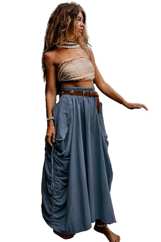 Thaluta Women's Maxi Boho Skirt with Pockets Bohemian Organic Cotton Hippie Gypsy (Teal)