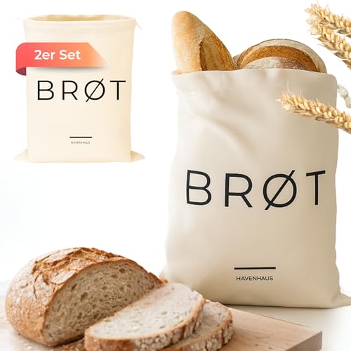 HAVENHAUS 2er Set Brotbeutel Leinen Canvas | 2er Set Stoffbeutel BRØT 40x30cm | Brotsack wiederverwendbar | Brottasche waschbar zur Brotaufbewahrung | verhindert das frühzeitige Austrocknen von Brot