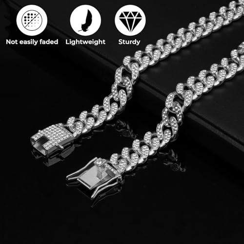 Image of Silver Dog Chain Diamond Collar Walking Metal Chain Collar with Secure Buckle, Pet Cuban Style Collar Jewelry Accessories for Small Medium Large Dogs, Available in Pet Gift (Silver, 12inch)