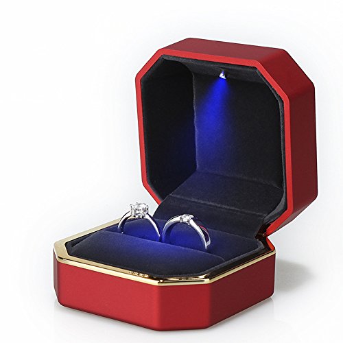 Image of Luxury Ring Box, Square Velvet Wedding Ring Case Jewelry Gift Box with LED Light for Proposal Engagement Wedding, Red