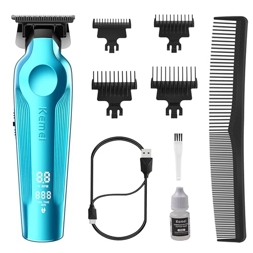KEMEI PRO Hair Trimmer for Men Zero Gapped Cordless Hair Clippers for Barber with T Blade Rechargeable Barber Clippers with LED Display Blue