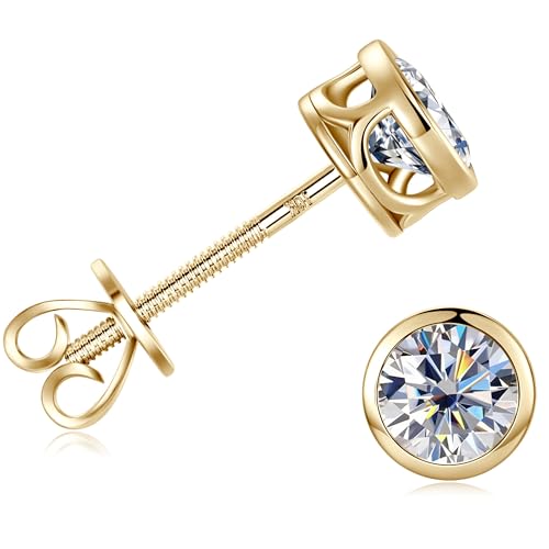 RAPRGOLD 10K Solid Yellow Gold Moissanite Stud Earrings for Women Men, 1.0 ctw Bezel Set Lab Grown Round Simulated Diamond Stud Earrings In Real 10K Gold Screw Back Jewelry Gifts