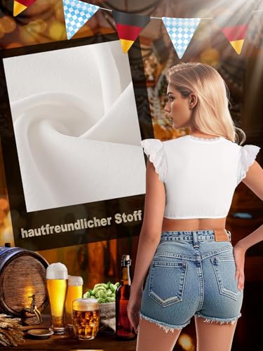 Comfyouth Dirndl Bluse Damen Dirndlbluse Spitze Flügelärmel Weiß Dirndlblusen Kordelzug Bluse Dirndl Trachtenbluse für Oktoberfest