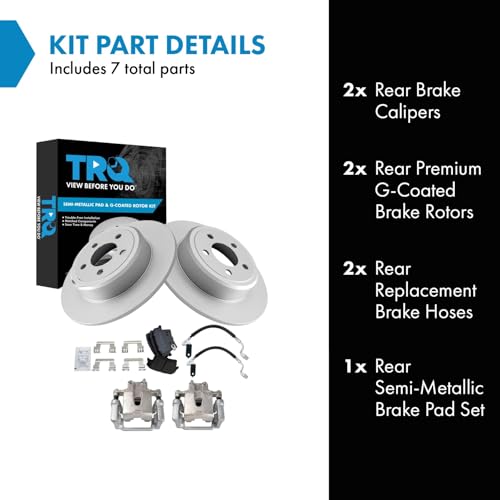 Image of TRQ Rear Brake Pad and Rotor Set Semi Metallic Coated Rotors Calipers Compatible with 2005-2018 Chrysler 300 2010-2015 Dodge Challenger 2006-2016 Charger 2005-2008 Magnum