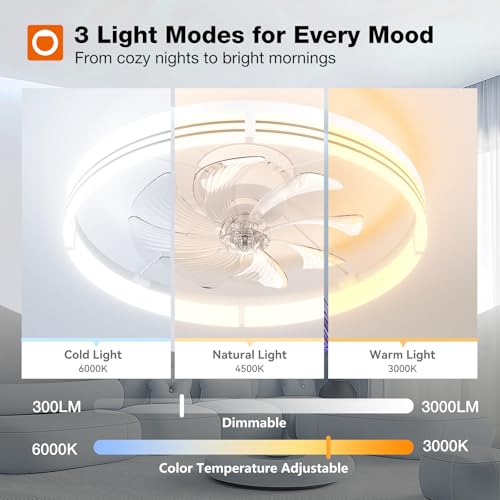 Image of addlon Ceiling Fans with Lights and Remote, 24'' Low Profile Ceiling Fans, 3000-6000K Dimmable Modern Flush Mount LED Fan Light, Fandelier Ceiling Fan for Bedroom, Kitchen, Living Room, White