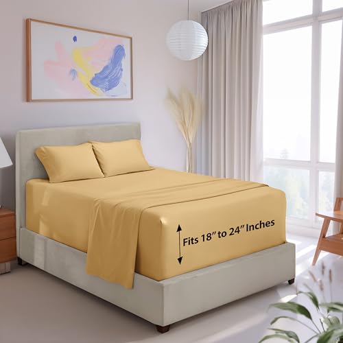 Image of Hearth & Harbor Extra Deep Pocket Full Sheet Set, Camel Gold | 4 Piece Bed Sheet Set, Ultra Soft & Breathable, Fits Up to 24 inch Mattress, Hotel Luxury