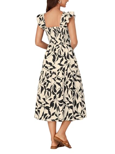Image of Rooscier Women's A Line Smocked Midi Dress | Summer Sleeveless Square Neck Casual Sundress