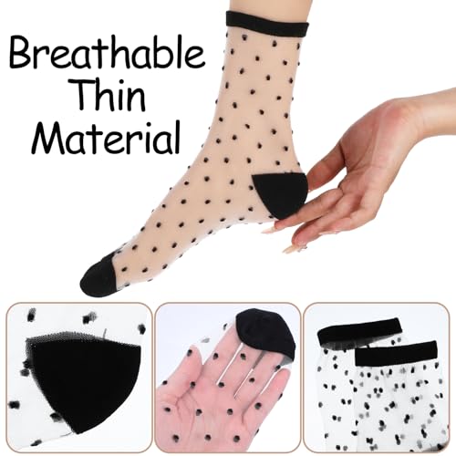 5Pairs See-Through Sheer Socks Women Ankle, Summer Thin Fishnet Glass Mesh Dress Socks for Women(Spotted,Plaid,Pure Transparent,Horizontal Stripes,Vertical Stripes3