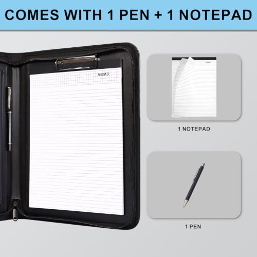 Image of Eshow Padfolio for Men Women with Pen, Leather Portfolio with Zipper - Professional Interview Resume Organizer with Card Holder, Writing Pad & File Folders for Business, Lawyer, Student