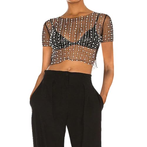 Women Pearl Rhinestone Sheer Mesh Crop Tee Top Sexy See Through Short Sleeve Slim Fit Crop T-Shirt Club Summer2