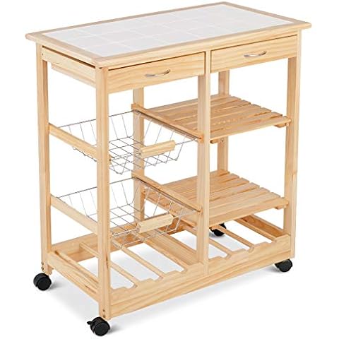 COSTWAY Rolling Kitchen Trolley with Tile Worktop Cover