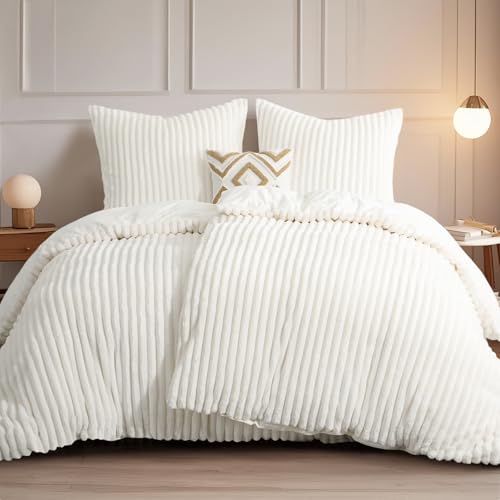 RUIKASI Winter Flanell Bettwäsche 135 x 200 4teilig Weiß - Plüsch Warme Flauschig Winterbettwäsche Cord Teddy Fleece Cashmere-Touch Bettbezug mit Reißverschluss und 2 Kissenbezug 80x80cm
