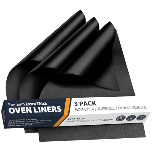 Oven Liners for Bottom of Oven - 3 Pack Large Heavy Duty Mats, 16.25”x23” Non-Stick Reusable Liner for Electric, Gas, Toasters, Grills - BPA & PFOA Free Kitchen Accessory to Keep It Clean (Black)