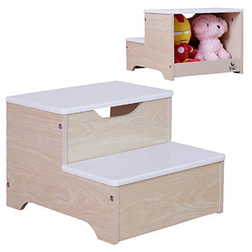 Toffy & Friends Kids Toddler Wooden Step Stool Two-Step Stool Children's Furniture with Storage UV Paint Non-Toxic Lead Free for Bedroom Kitchen Bathroom Living Room(1 Piece)