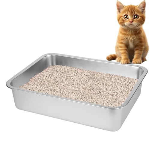 Stainless Steel Cat Litter Box for Big Cats,Small Stainless Steel,Large Metal Cat Litter Box-Easy to Clean.(17.5' L x 13.6' W x 4.1' H).