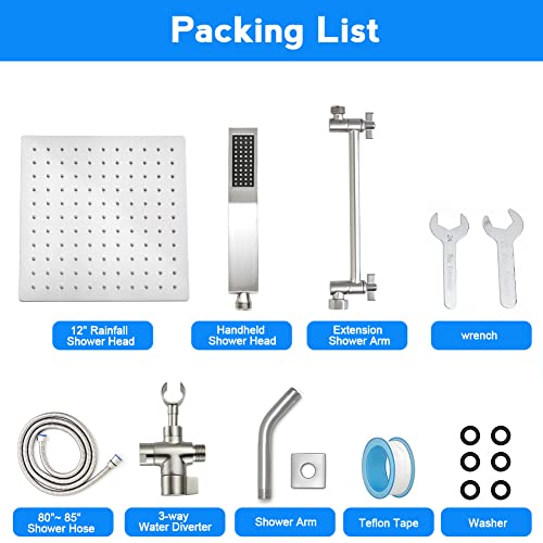 Psylc 12 Inch All Metal Rain Shower Head With Handheld, High Pressure Dual Shower Head Combo With Adjustable Extension Arm, 80" Flexible Hose, 3-Way Diverter - Height/Angle Adjustable(Brushed Nickel) #TOP5