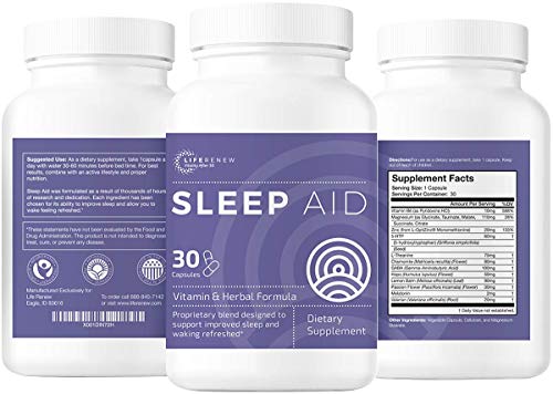 Life Renew: Sleep Aid - Dietary Supplement for Better Sleep - 30 Capsules - Works Fast - Gentle All-Natural Herbal and Vitamin Formula - Includes Melatonin, Magnesium, Amino Acids, and Herb Extracts