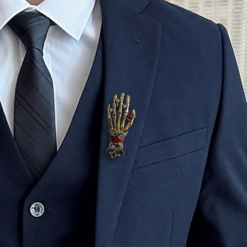 Image of Gothic Halloween Skull Hand Brooch Pin for Women Men Punk Vintage Crystal Skeleton Tassel Chain Lapel Pins Dark Skull Brooches Sweater Suit Accessory