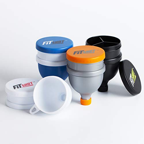 Fitshot Protein Powder Funnel– Supplement Funnel with Keychain 4pack, Water Bottle Funnels, BPA Free, 2 in 1,Portable 120ml with Pillbox,Pre Workout Protein Powder Container to go