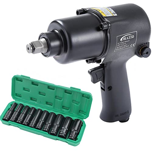 ORAZIO Air Impact Wrench 1/2 Twin Hammer 660N.M, with Deep Socket Set Professional Garage Car Truck Wheel Tyre Bolts Removal Installation Pneumatic Tool Aluminium Housing 215214