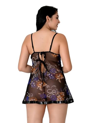 Image of Women's Net Lace Babydoll Lingerie Set | Multicolor Floral Print - Sleeveless Sleepwear with Adjustable Straps and G-String Panty.