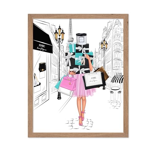 Image of Poster Master Fashion Poster - Lady with Shopping Bags Print - Trendy Art - Modern Art - Gift for Her & Fashionista - Luxury Haute Couture Decor for Bedroom or Girl's Room, 11x14 Beige Framed
