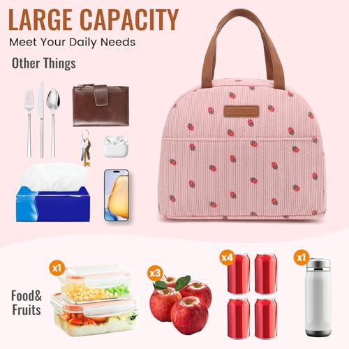 QYQMEYQ Lunch Bag for Women Men, Reusable Lunch Box, Insulated Lunch Pail bag with Large Capacity, Cute Corduroy Lunch Tote Bags, Cooler Lunch Container for Work Travel Office Picnic (Pink) — view 3
