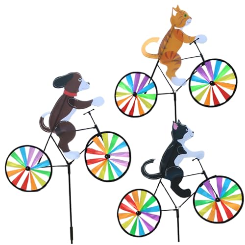 3-teiliges Windspiel, 61 x 50,8 cm, Fahrrad-Windspiele für draußen, Katze und Hund, süße 3D-Tierskulptur, dekorative Windspiele für draußen, für Garten, Hof, Park, Rasen, Windspiele für draußen, Garte