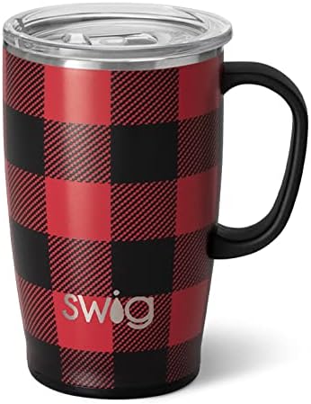 Swig Life 18oz Travel Mug | Insulated Tumbler with Handle and Lid, Cup Holder Friendly, Dishwasher Safe, Stainless Steel, Travel Coffee Cup, Insulated Coffee Mug with Lid and Handle (Buffalo Plaid)
