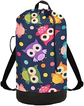 Polka Dot Owls Laundry Bag Backpack Dirty Clothes Organizer With Strap and Handles Washable for College Travel Camp Dorm Essentials