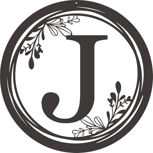 Decorative Metal Wall Art Sign with Letter J-Round Monogram Plaque with FloraDesign,Black Circle sign for Front Door, Porch, Garden, Patio, Living Room(J)