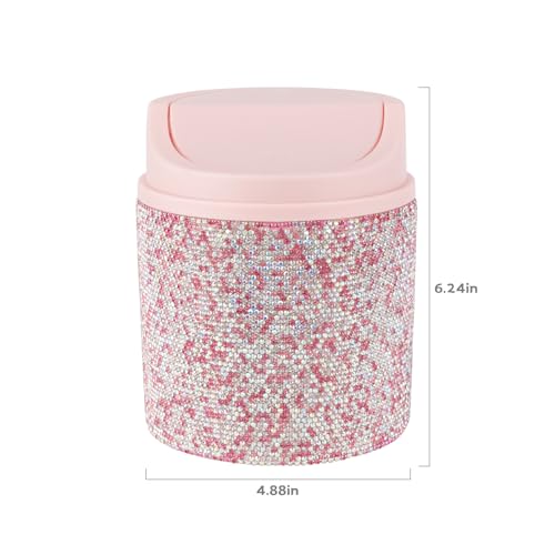 Image of KEYPOWER Bling Rhinestone Mini Plastic Trash Can Cute Small Waste Can with Swing Lid,Suitable for Home Countertop,Car,Table Desk,Office (Pink)