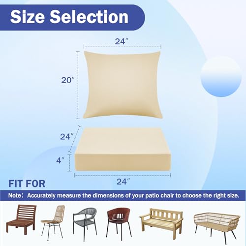 Image of IASEAHK Outdoor Seat Cushion Set, Waterproof & Fade Resistant Patio Chair Cushions, Outdoors Cushion for Patio Furniture, 24 x 24 x 4 Inch, Outdoor Couch Cushions with Handle and Ties, Light Khaki